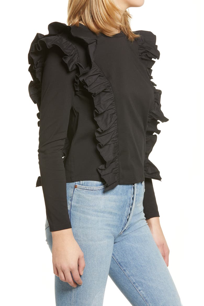Poplin Ruffle Trim Shirt, Alternate, color, BLACK