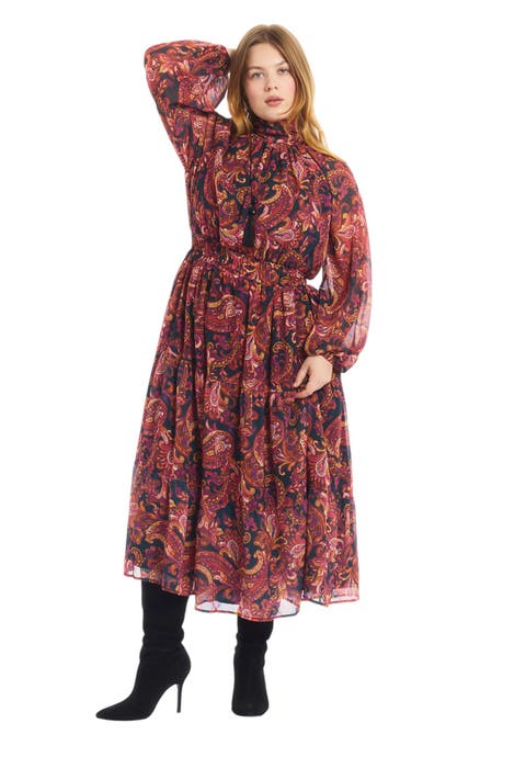 Mock Neck Chiffon Midi Dress (plus)