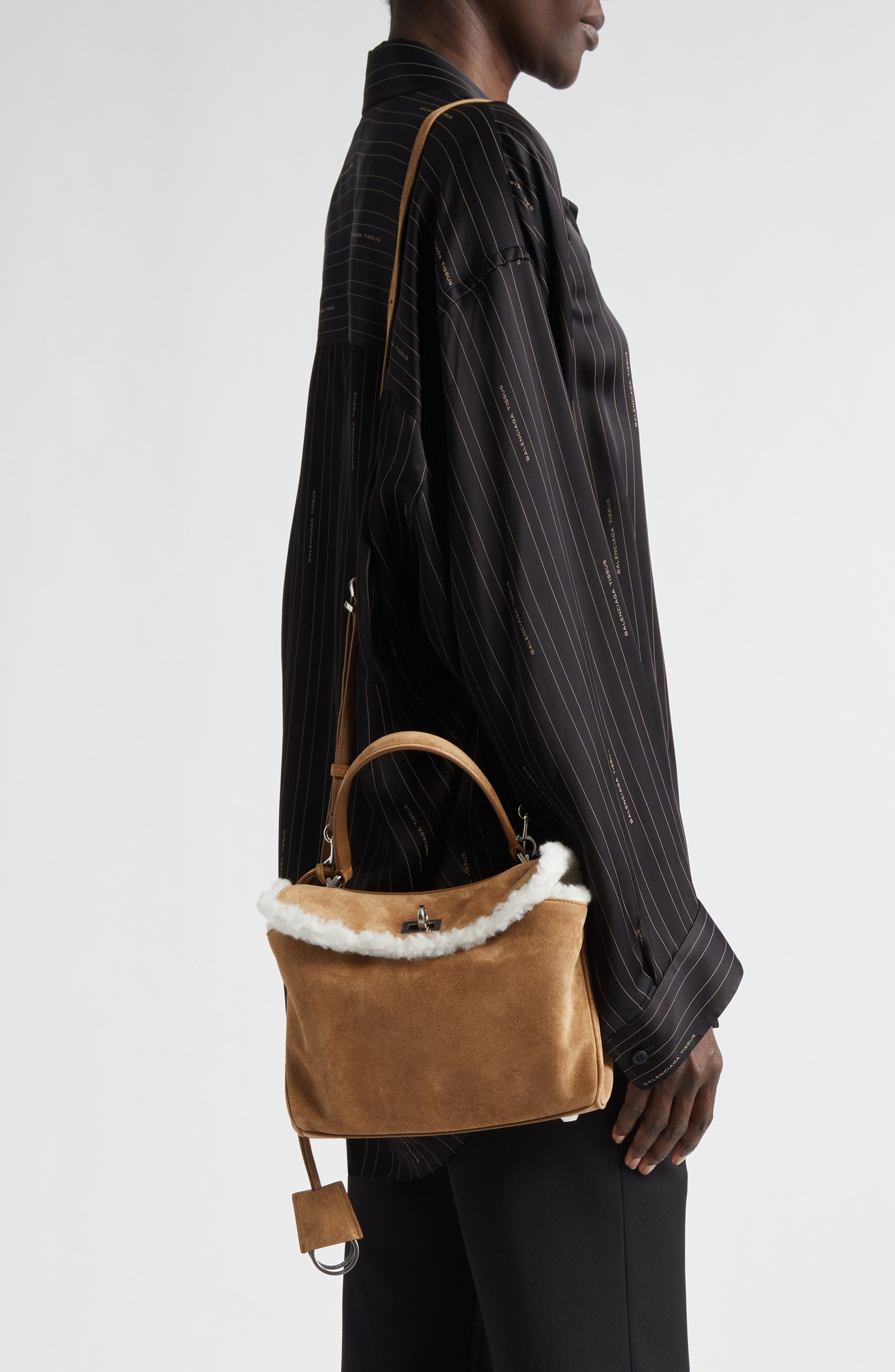 Balenciaga Mini Rodeo Suede & Fleece Top Handle Bag, Alternate, color, 2590 Noce/ White