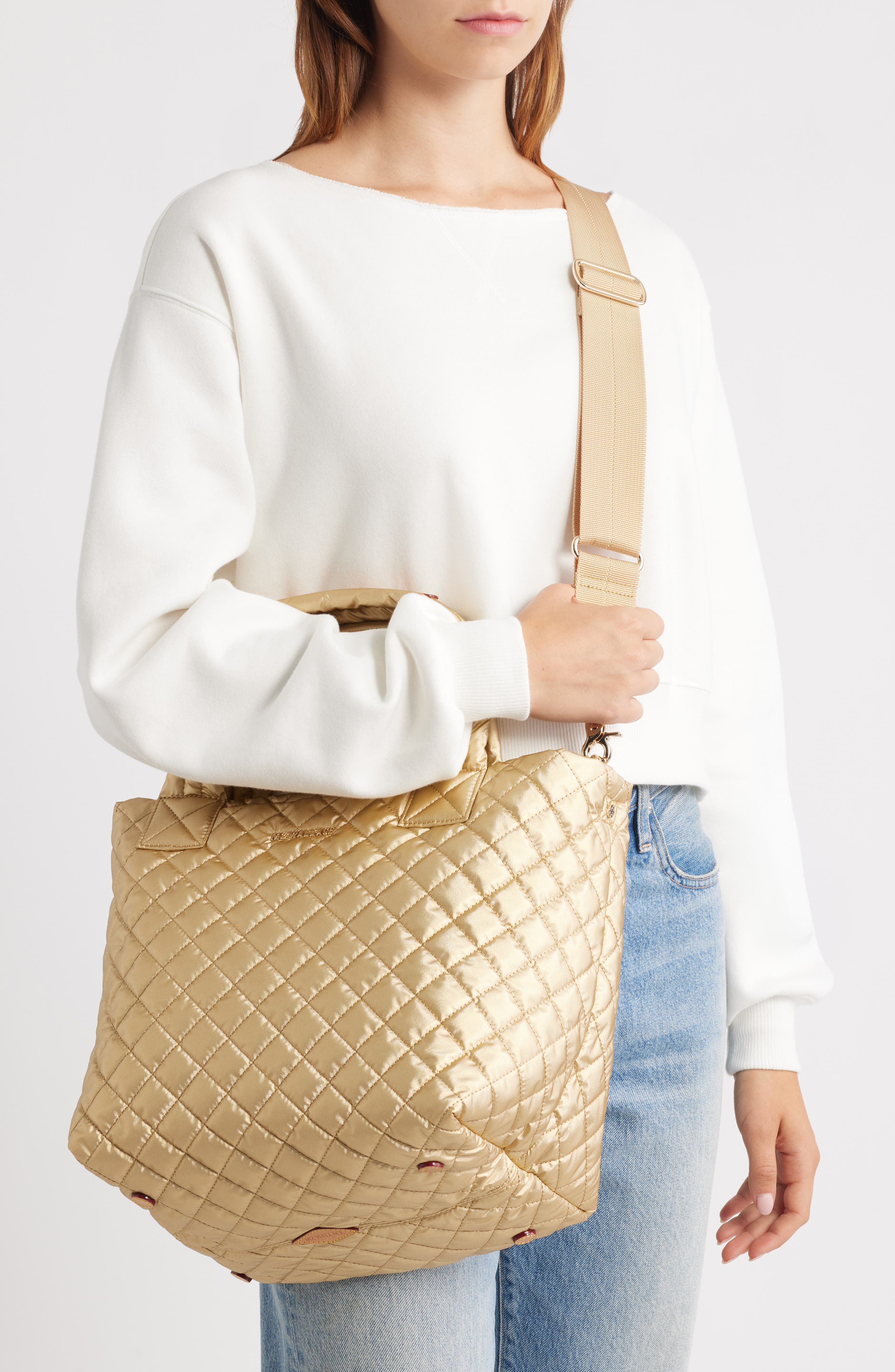 MZ Wallace Small Metro Deluxe Quilted Metallic Nylon Tote, Alternate, color, Light Gold Pearl Metallic