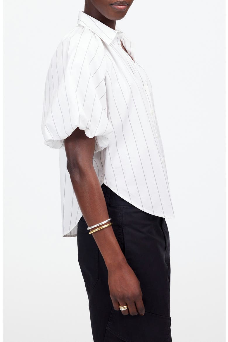 Stripe Shirred Bubble Sleeve Button-Up Shirt, Alternate, color, WHITE