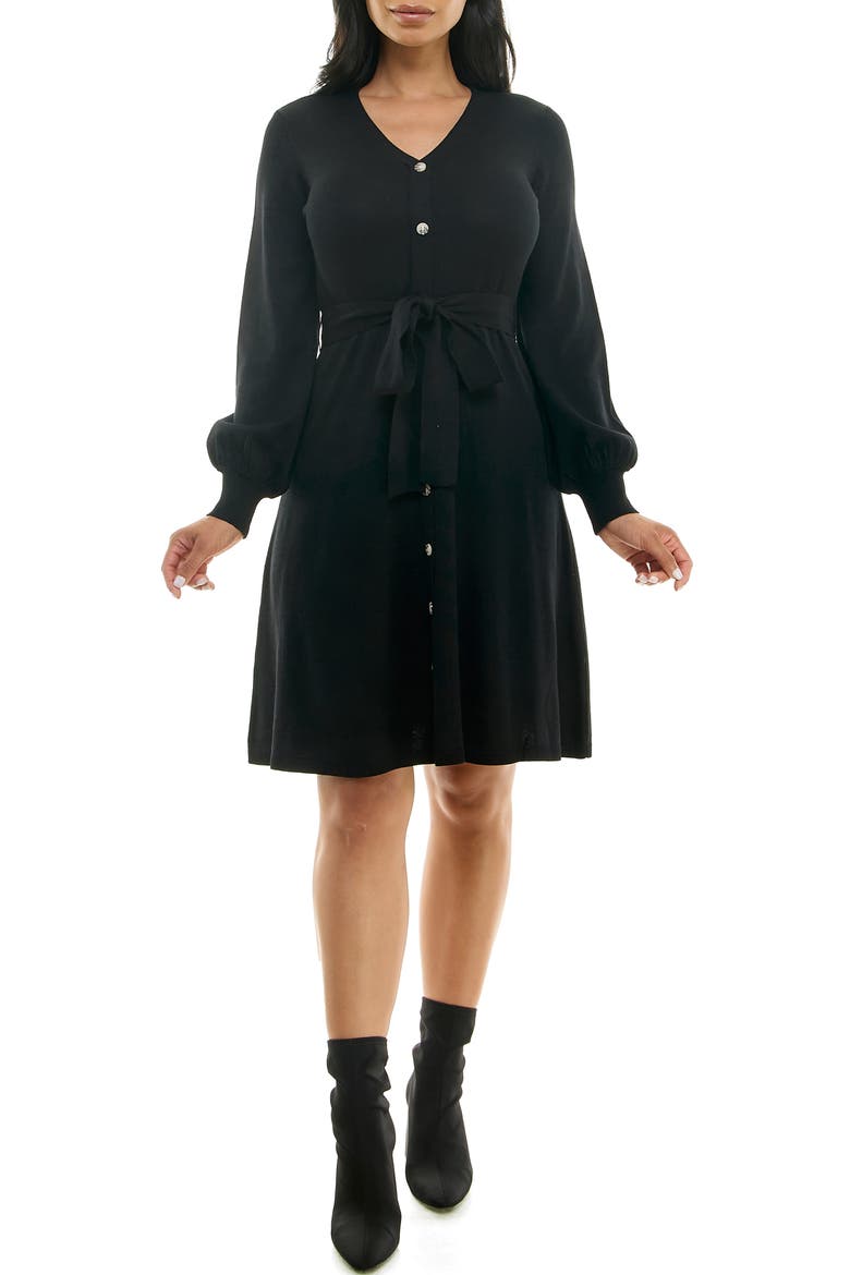 Waist Tie Ribbed Long Sleeve Sweater Dress, Main, color, BLACK