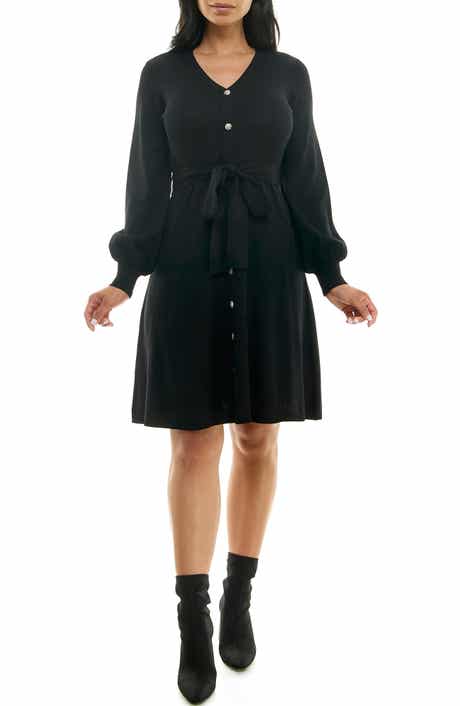 Nina Leonard Waist Tie Ribbed Long Sleeve Sweater Dress