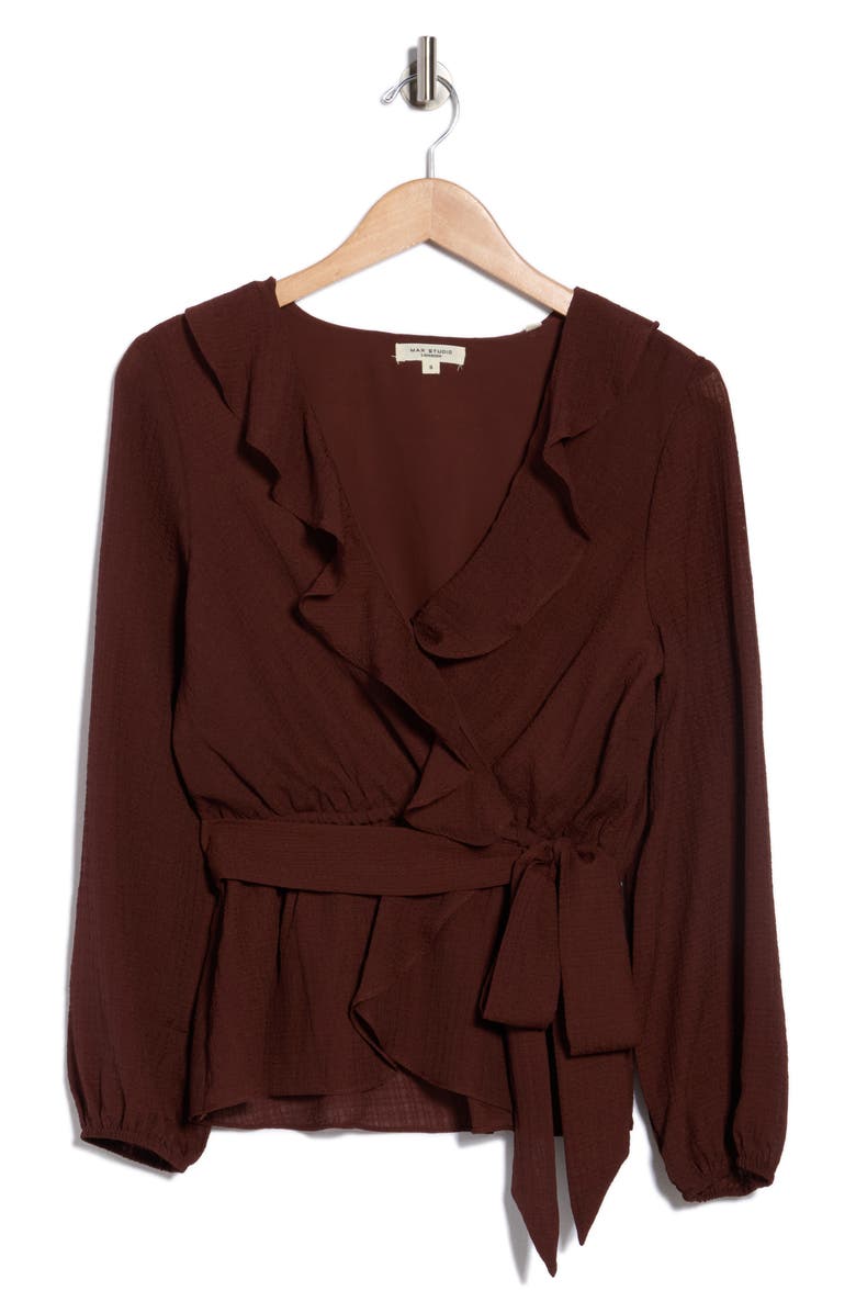 MAX STUDIO Ruffle Long Sleeve Faux Wrap Top, Main, color, Cocoa