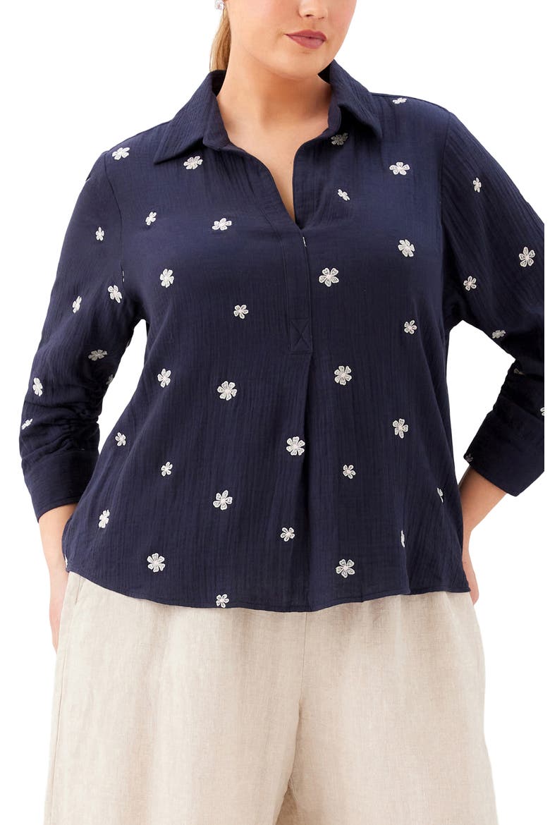 Embroidered Ruched Sleeve Shirt, Main, color, NAVY