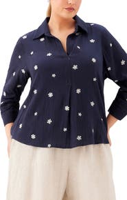 Karen Kane Embroidered Ruched Sleeve Shirt