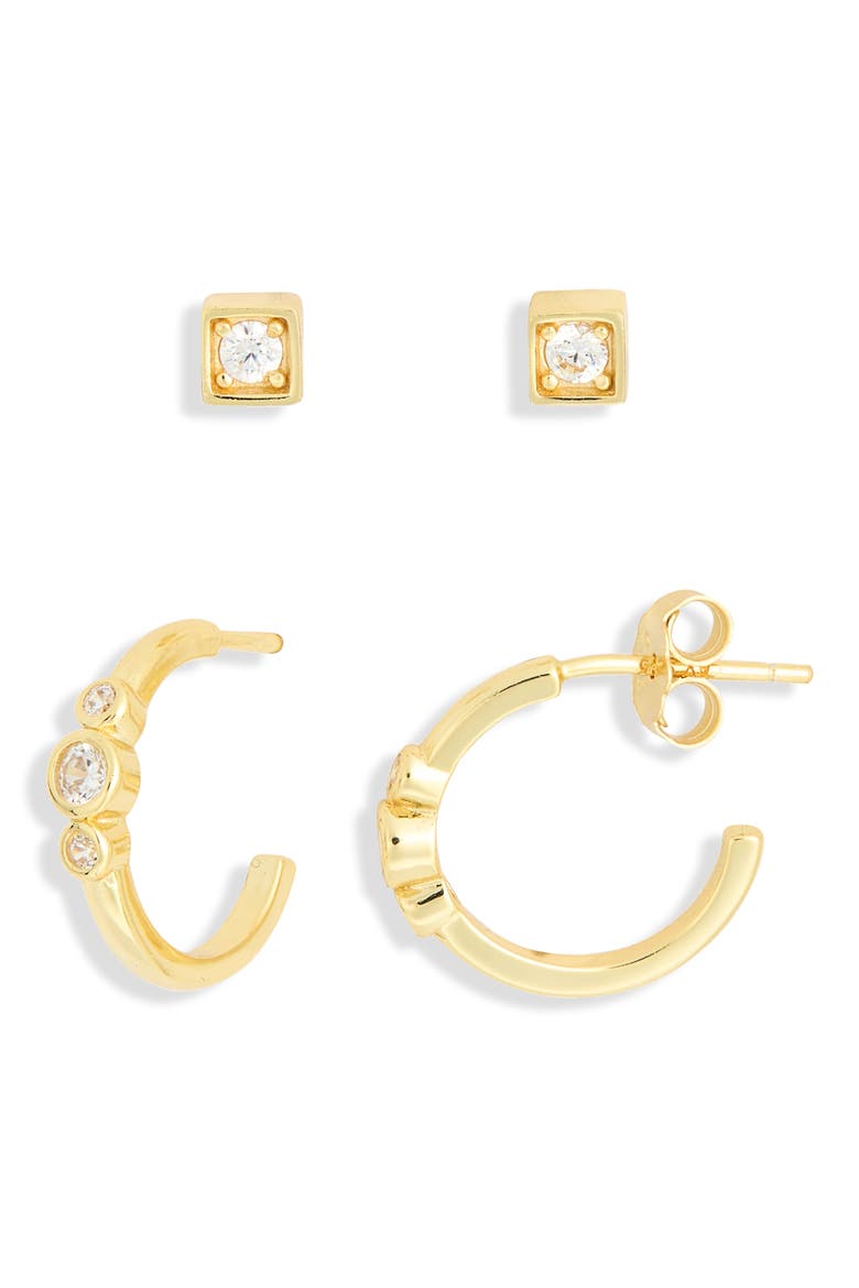 Set of 2 Cubic Zirconia Stud & Huggie Hoop Earrings, Main, color, GOLD