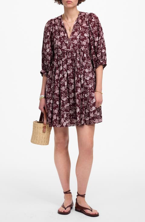 Floral Split Neck Puff Sleeve Minidress
