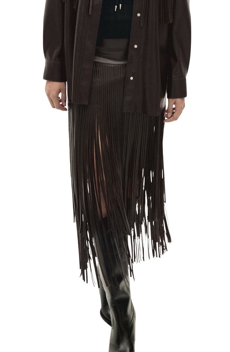MANGO Fringe High Waist Faux Leather Skirt, Main, color, 
