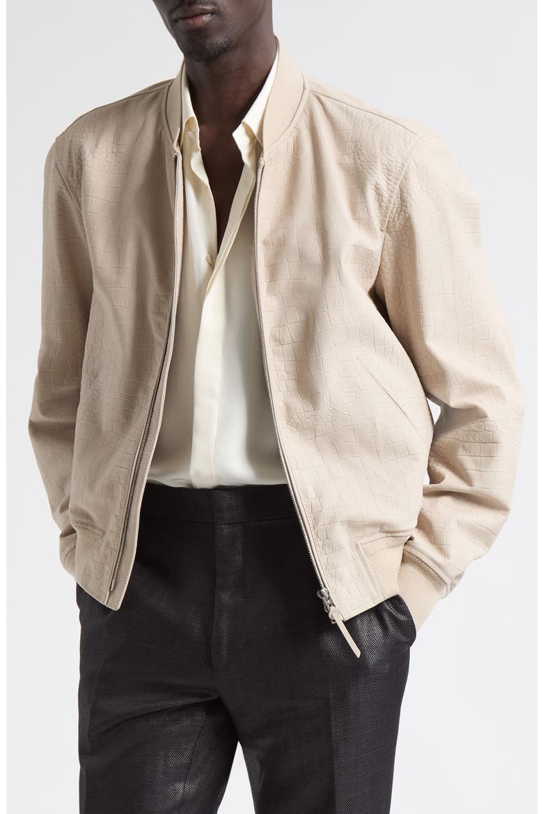 Croc Embossed Nubuck Bomber Jacket, Main, color, PEYOTE