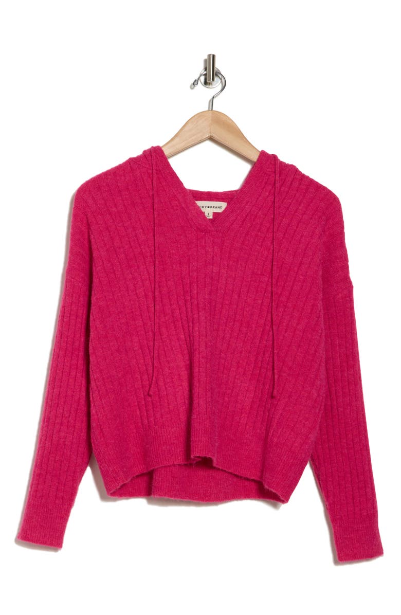 Lucky Brand Hooded Ribbed Sweater, Alternate, color, Pink Power