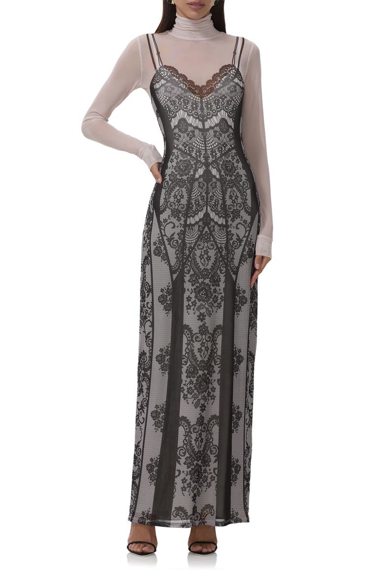 Billie Trompe l'Oeil Long Sleeve Mesh Maxi Dress, Alternate, color, CORSET SLIP