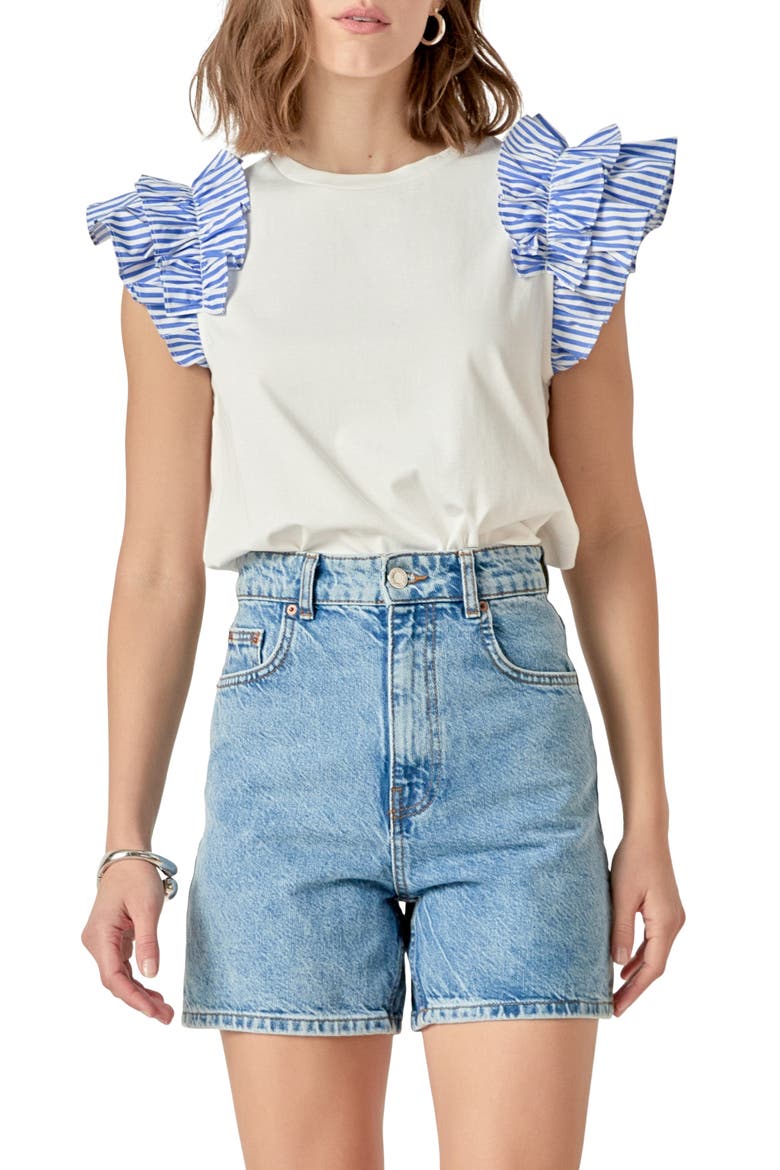 Mix Media Ruffle T-Shirt, Main, color, WHITE/ BLUE STRIPE
