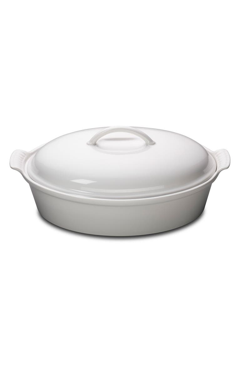 4 Quart Covered Oval Stoneware Casserole, Main, color, WHITE