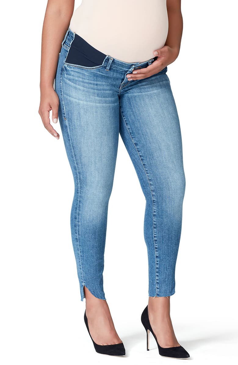 Good American Good Mama The Honeymoon Low Rise Cascade Hem Maternity Skinny Jeans, Alternate, color,