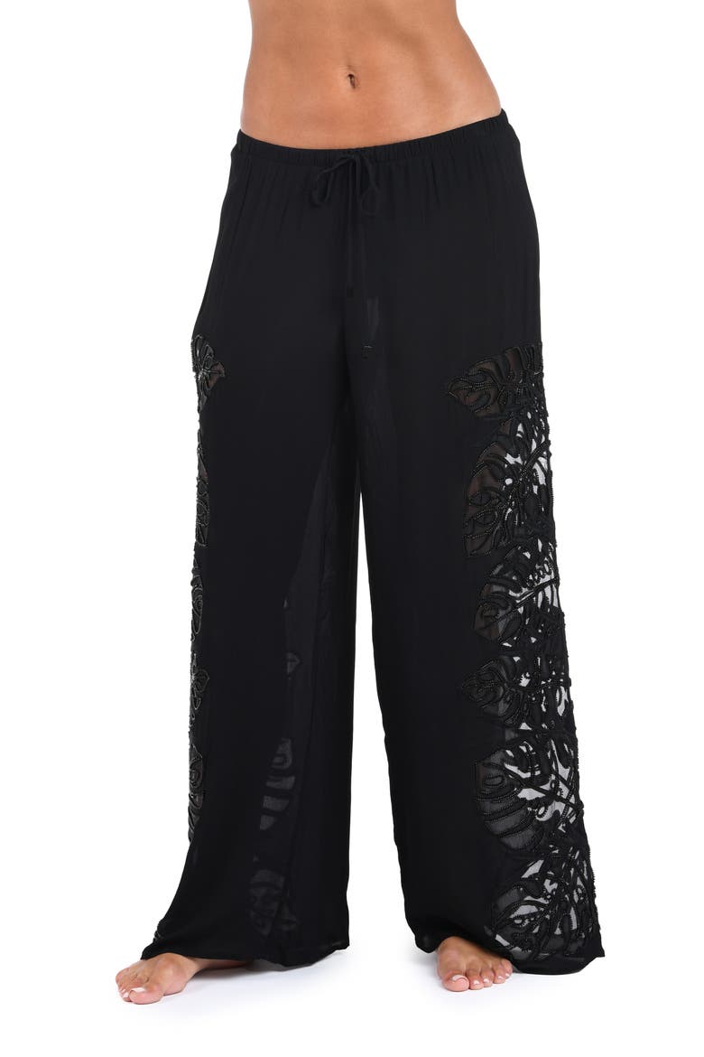 Geraldine Monstera Cover-Up Wide Leg Pants, Alternate, color, BLACK