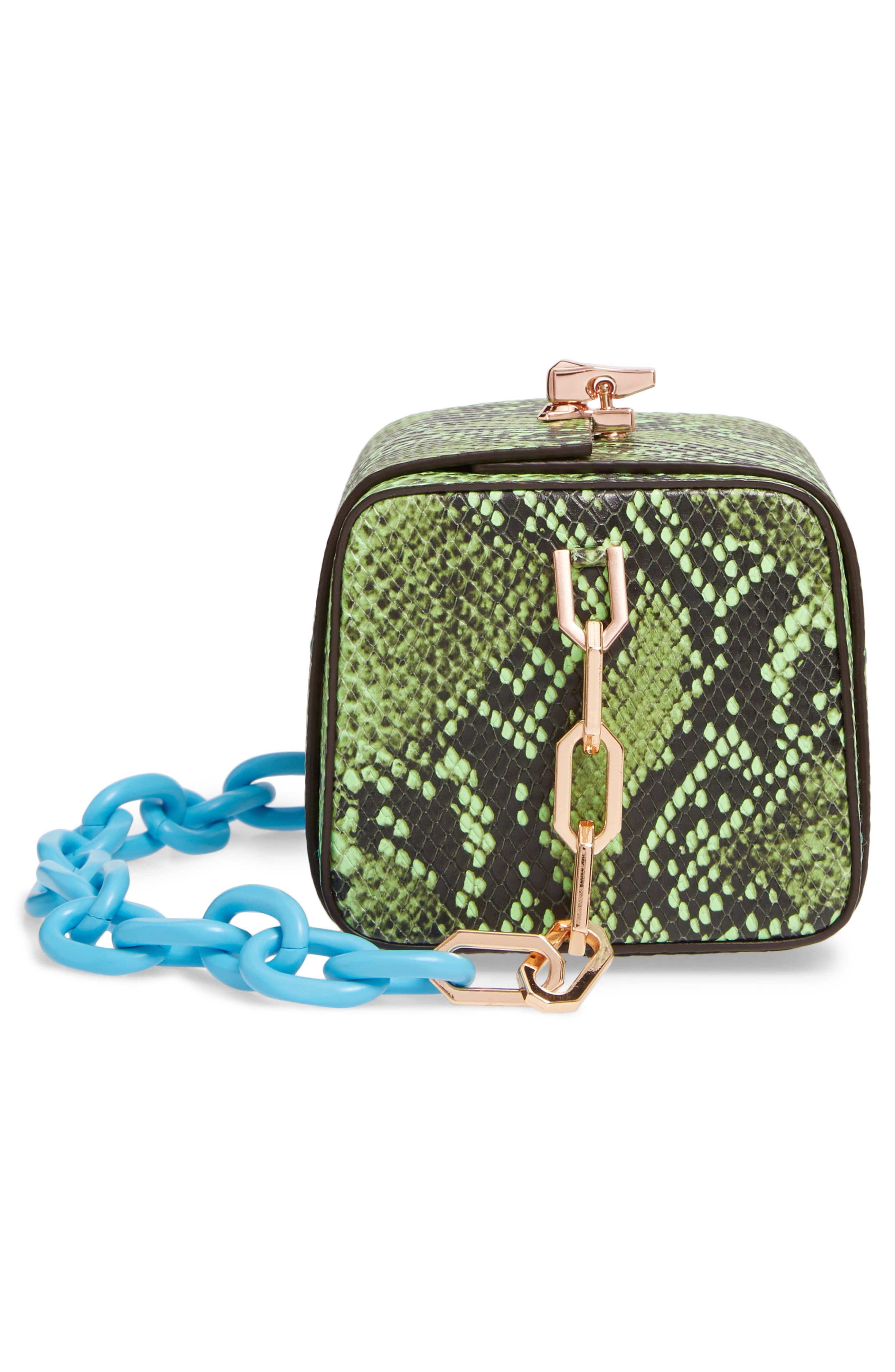 PO Cube Snake Embossed Leather Box Bag, Alternate, color, NEON GREEN