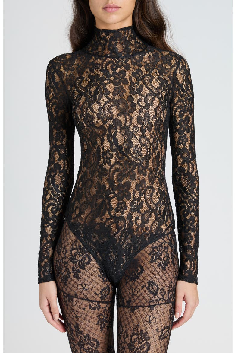 Sheer Lace Bodysuit, Main, color, NERO
