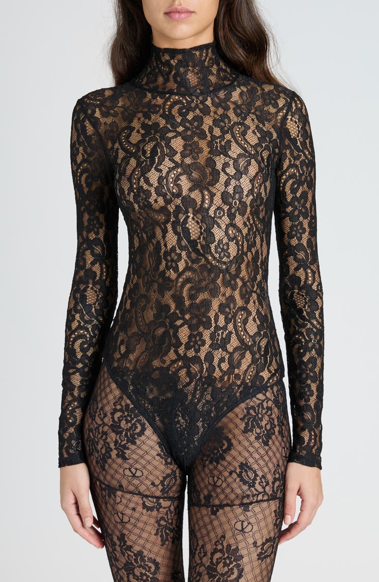 Valentino Garavani Sheer Lace Bodysuit, Main, color, Nero