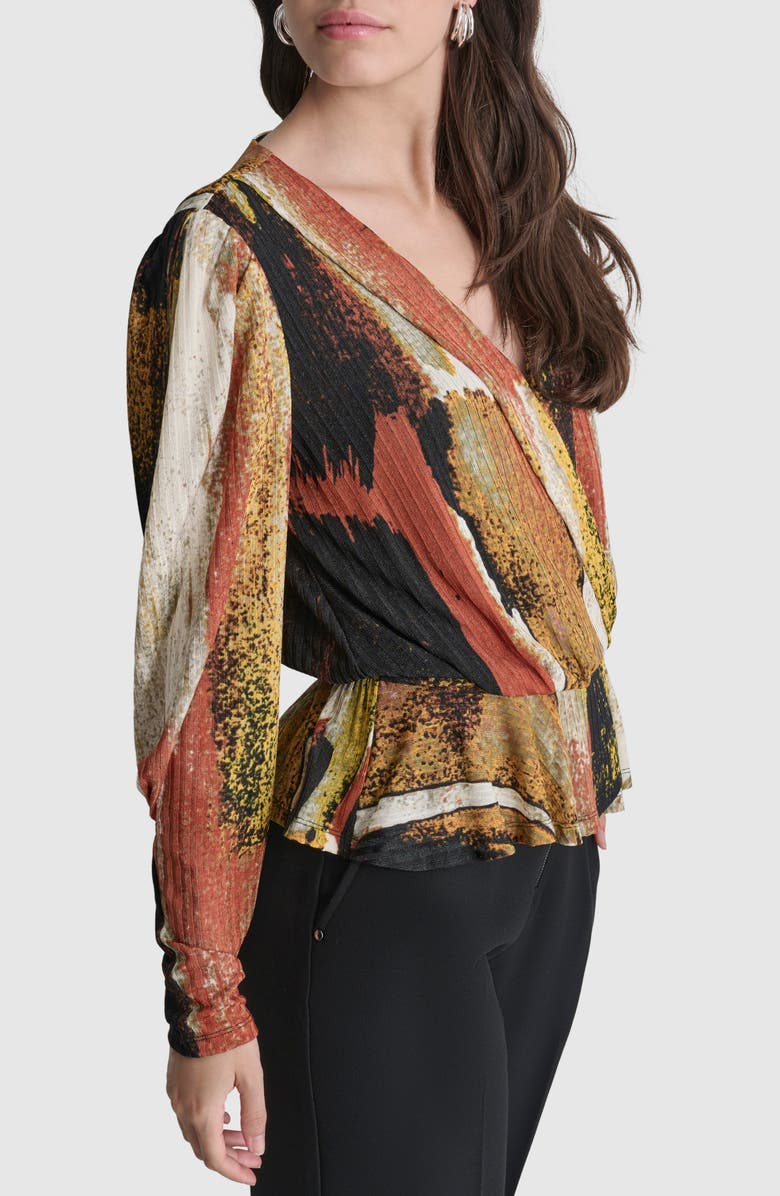 DKNY Print Faux Wrap Peplum Top, Alternate, color, Paint Stroke