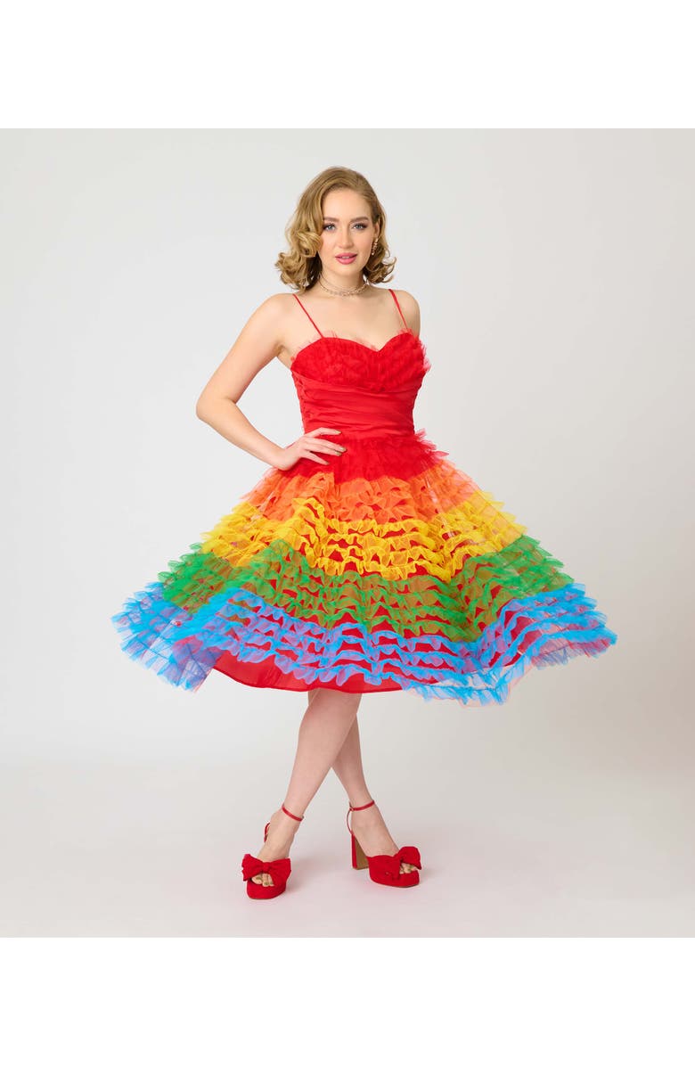 Unique Vintage Tulle Sweetheart Cupcake Swing Dress, Main, color, Red Rainbow Stripe