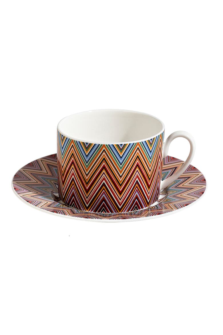 Tea Cup & Saucer ZIG ZAG Set of 2 in Luxury Box Jarris 156 diam. 3.3", H 2.3", cap. 7.5 oz, Saucer diam. 6", Alternate, color, Multicolor