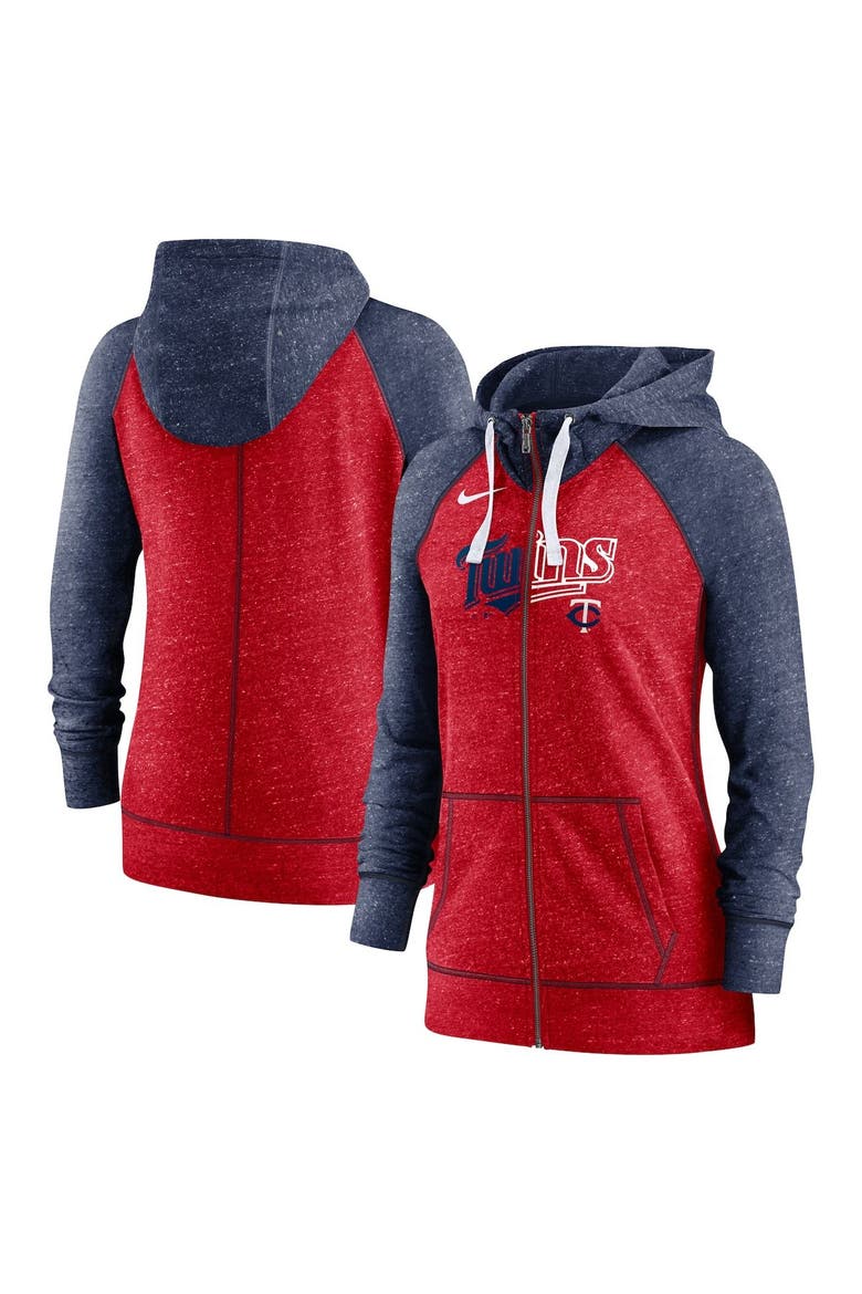 Women's Nike Heather Red/Heather Navy Minnesota Twins Split Wordmark Gym Vintage Raglan Lightweight Full-Zip Hoodie, Alternate, color, Red