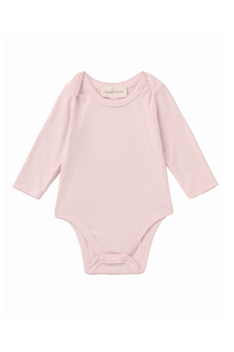 Whimsical Wildflower Long Sleeve Solid Scalloped Trim Bodysuit, Alternate, color, Pink