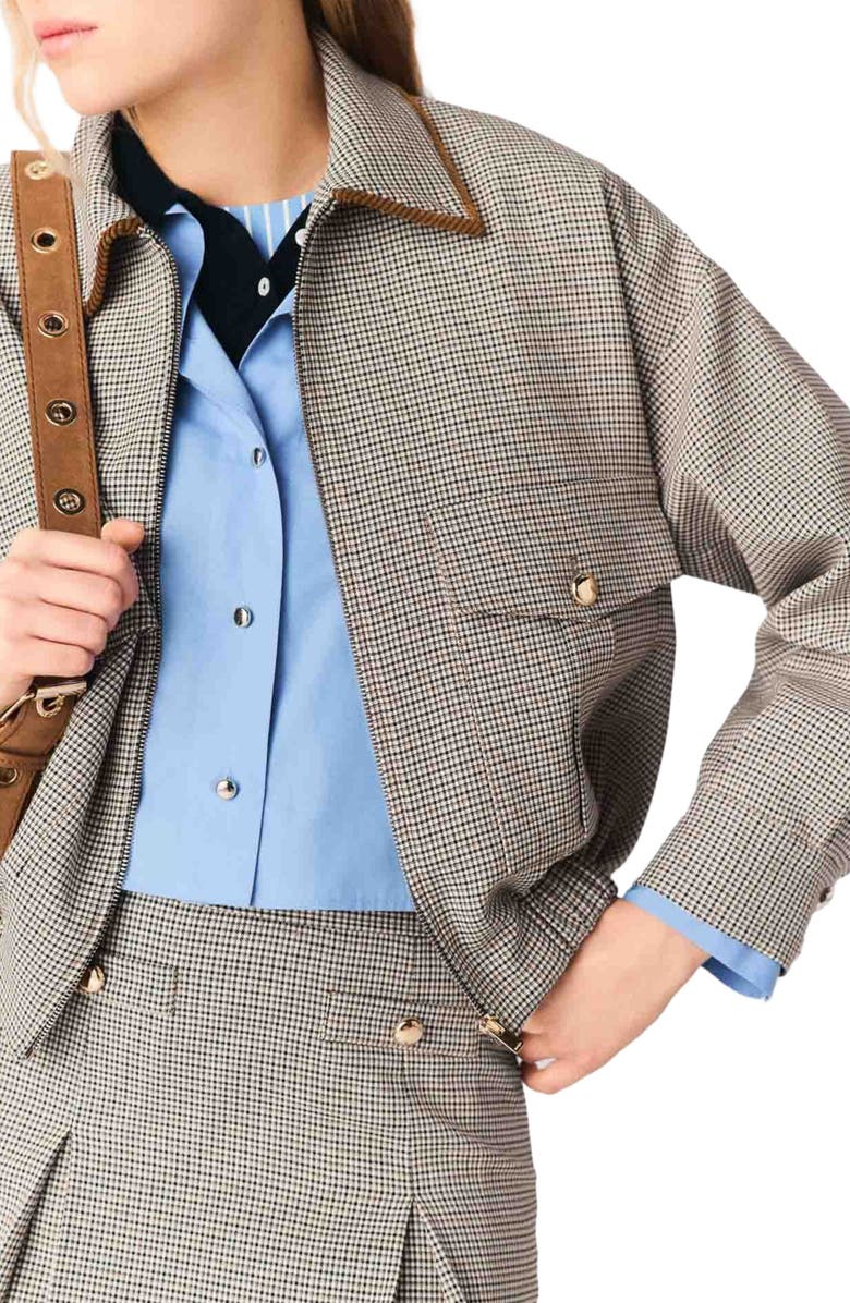 maje Checked bomber jacket, Alternate, color, Brown Checks