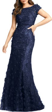 Mac Duggal Floral Applique Boat Neck Short Sleeve Gown