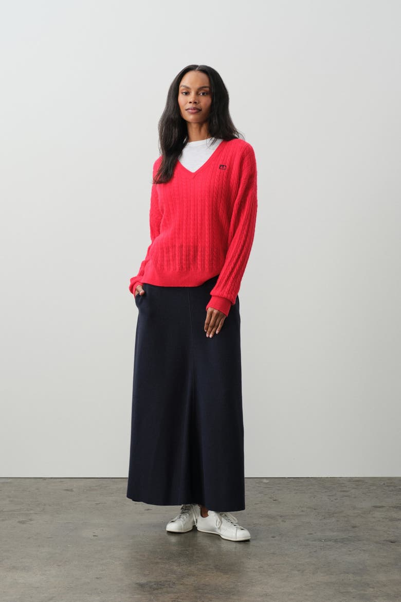 Elina Cashmere Cableknit V-Neck, Main, color, POPPY