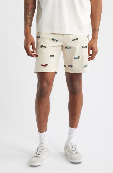 Universe Embroidered Flat Front Cotton Shorts