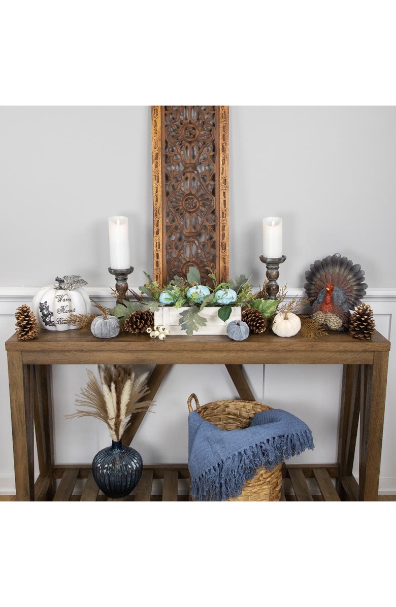 Northlight Fall Harvest Foliage and Pumpkins In Wooden Planter - 18" - Blue, Alternate, color, Blue