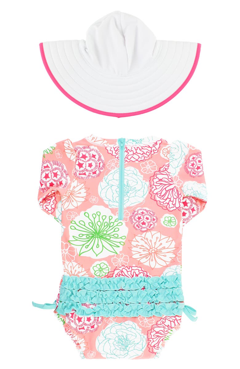 RuffleButts Tropical Garden One-Piece Rashguard Swimsuit & Reversible Sun Hat Set, Alternate, color, 