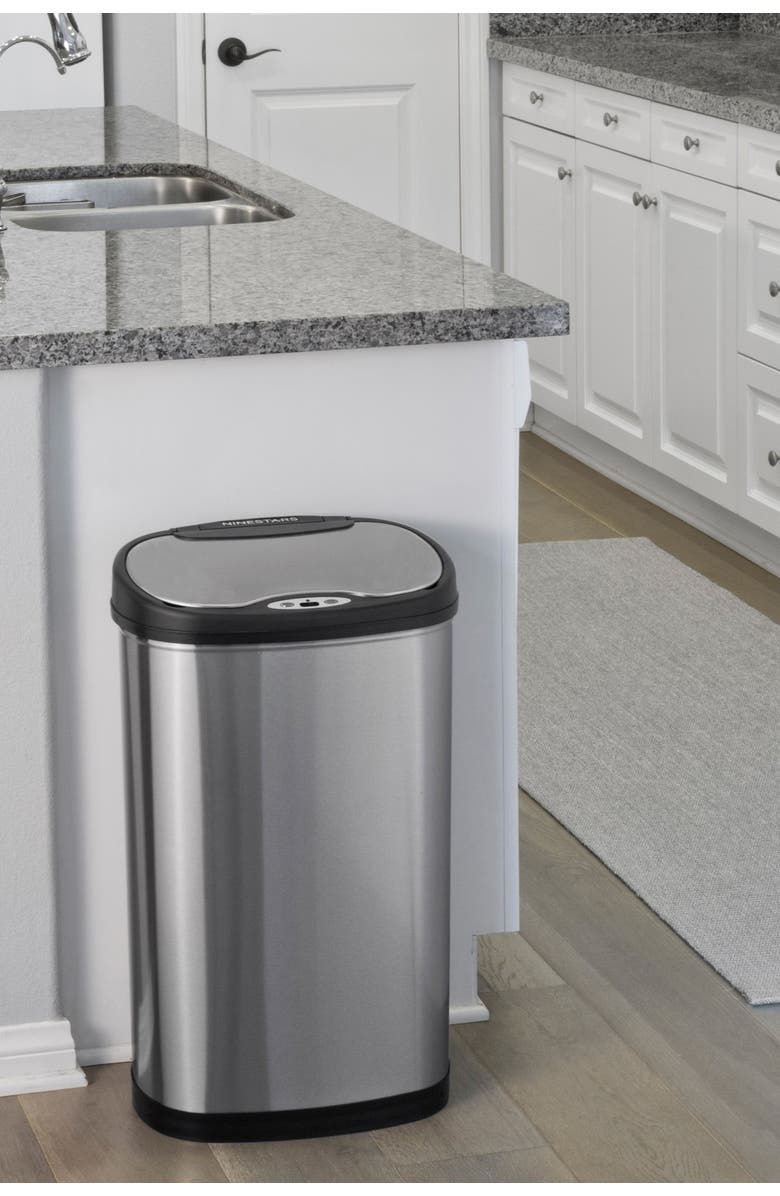 NINESTARS Oval Automatic Touchless Infrared Motion Sensor Trash Can Combo 2-Piece Set - 13.2 Gallons/2.1 Gallons, Alternate, color, Silver Black