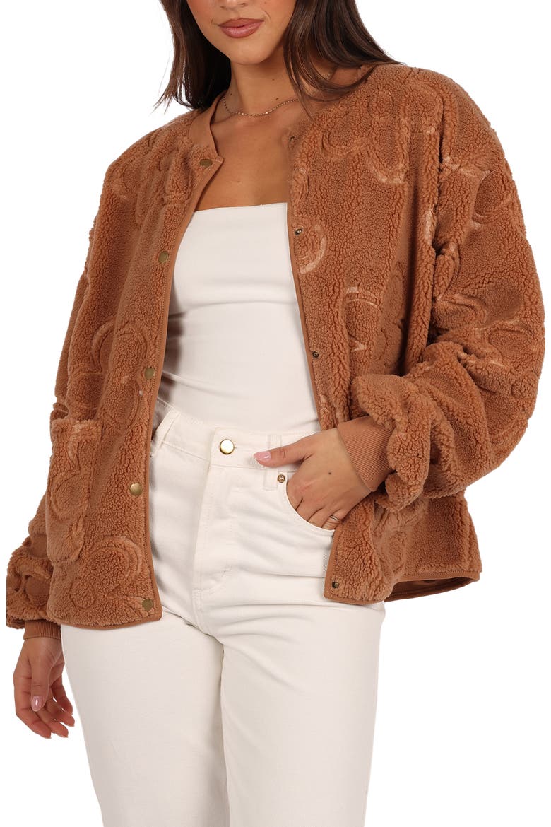 Lasky Flower Pattern Fleece Jacket, Main, color, CAMEL