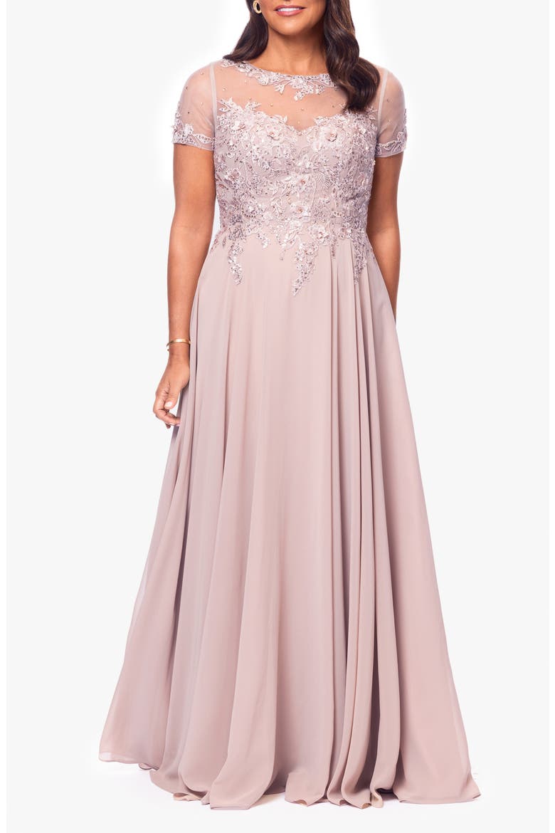 Beaded Mesh Gown, Main, color, TAUPE