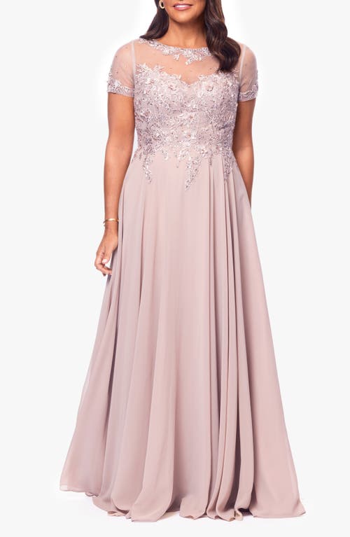Xscape Evenings Beaded Mesh Gown In Taupe