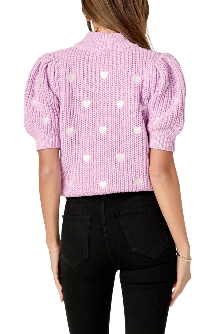 Heart Embroidered Puff Sleeve Sweater, Alternate, color, LILAC