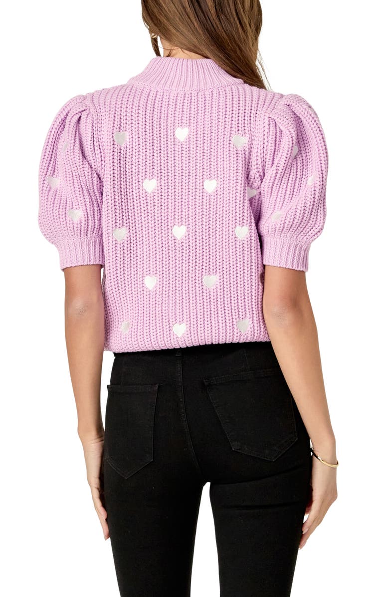 English Factory Heart Embroidered Puff Sleeve Sweater, Alternate, color, Lilac