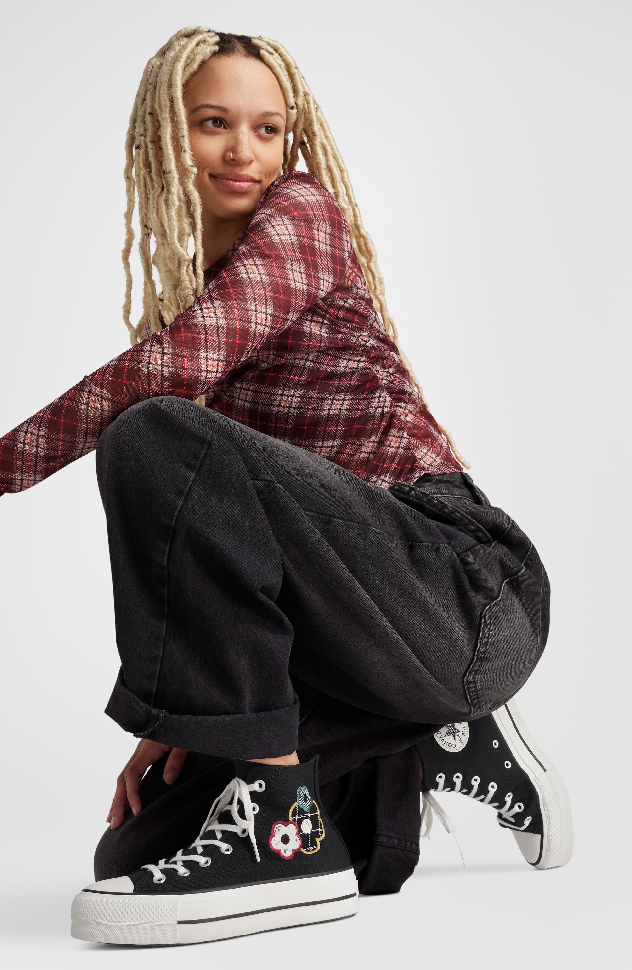 Converse Chuck Taylor All Star Lift Plaid Floral High Top Platform Sneaker, Alternate, color, 