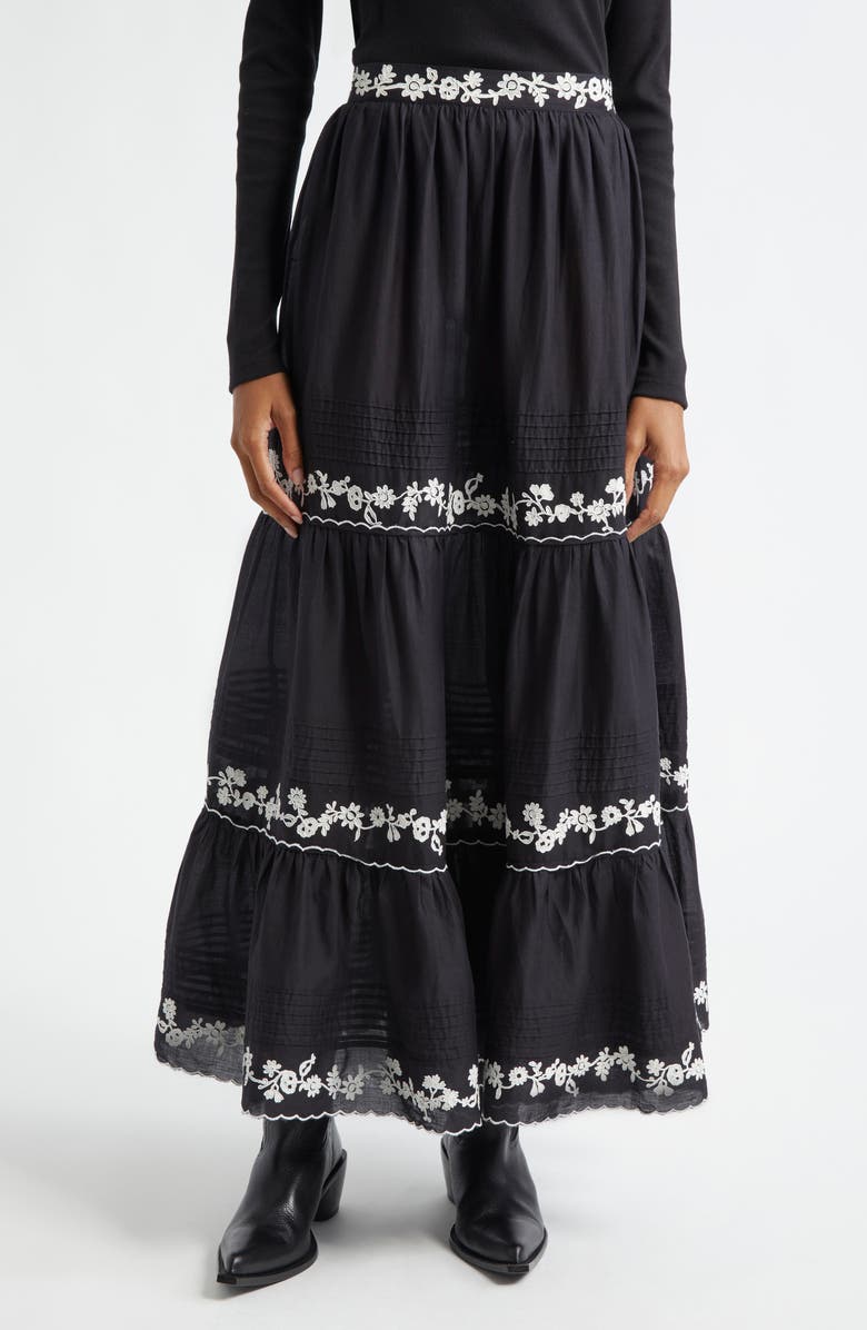 FARM Rio Embroidered Ruffle Maxi Skirt, Main, color, 