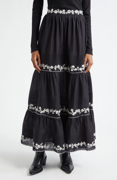 Embroidered Ruffle Maxi Skirt