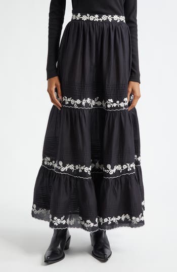 Farm Rio Black Embroidered Ruffled Maxi Skirt Black In Black