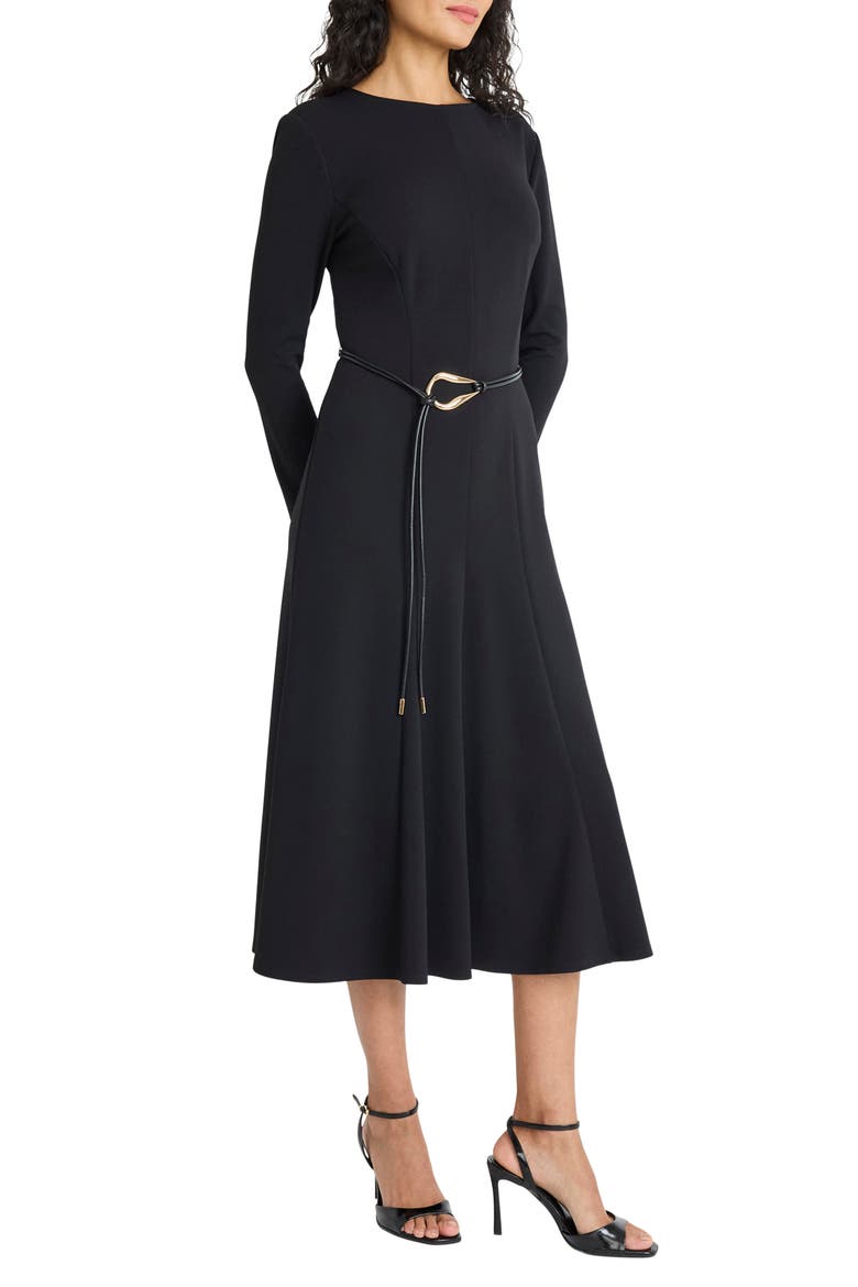 Long Sleeve Tie Waist Midi Dress, Alternate, color, BLACK