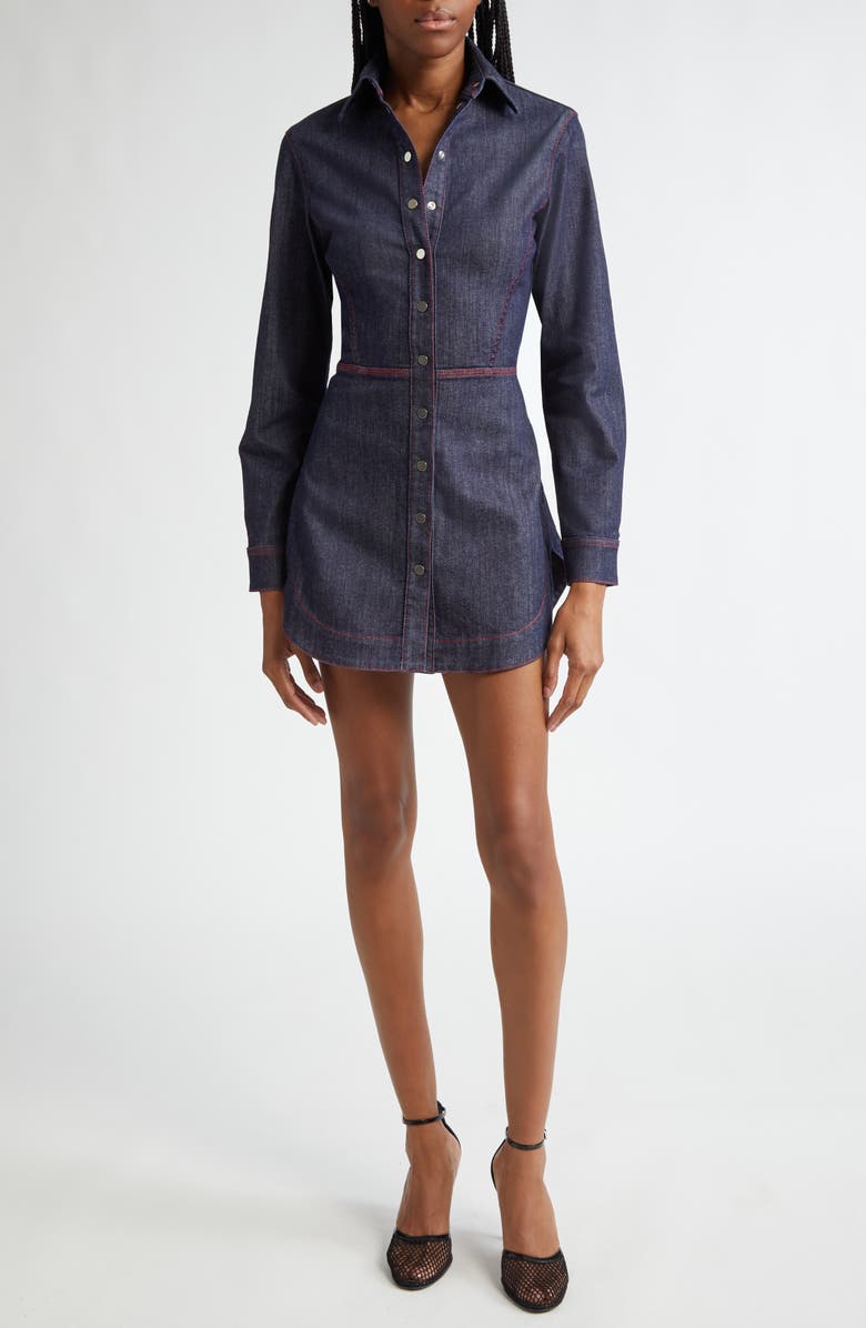 Alaïa Long Sleeve Denim Minidress, Main, color, Bleu Fonce