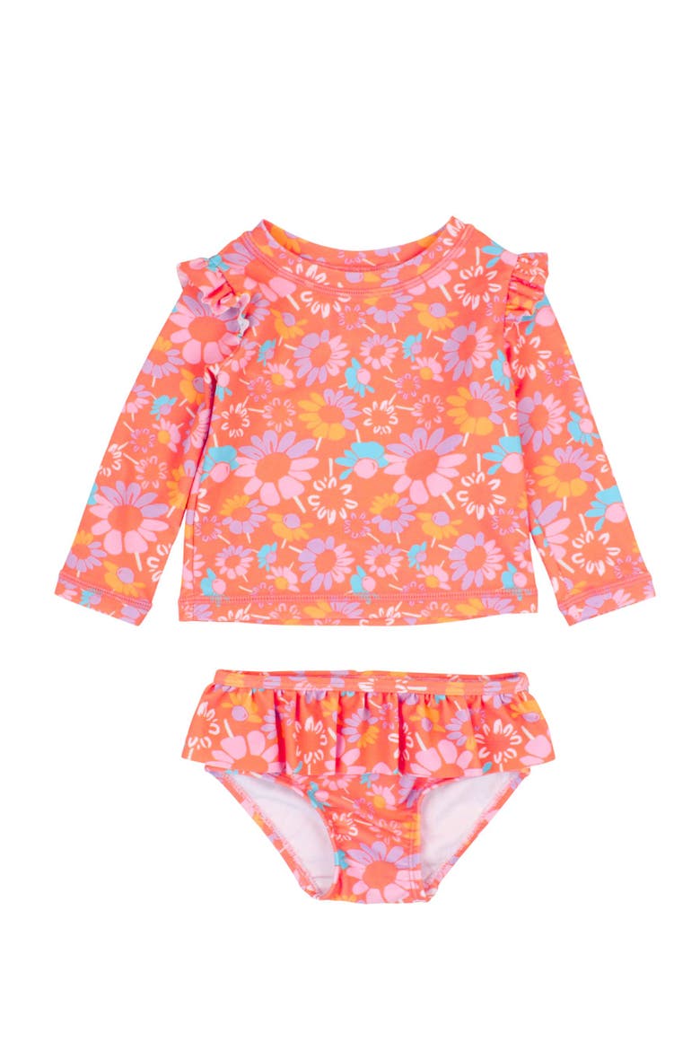 UPF50 Sun Protected Skirted Flutter Long Sleeve Rash Guard Bikini, Main, color, Coral Floral