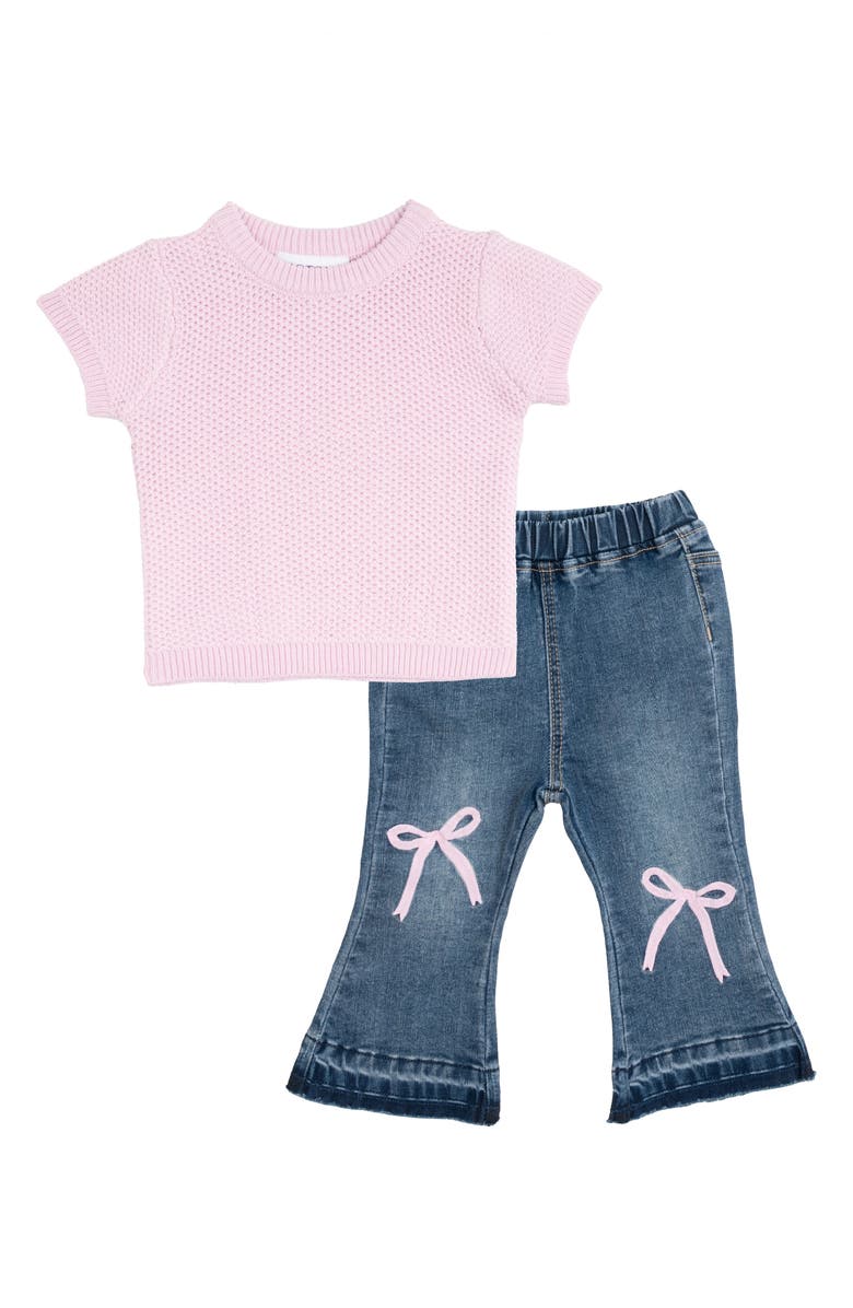 Rare Editions Short Sleeve Sweater & Flare Leg Jeans Set, Main, color, Pink