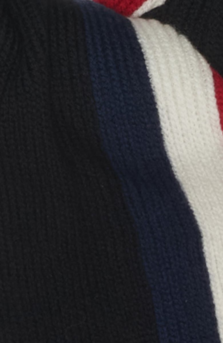 Moncler Logo Patch Stripe Virgin Wool Fringe Scarf, Alternate, color, Black