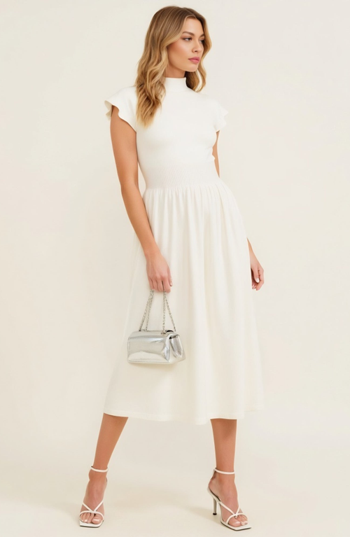 Modenaire Mock Neck Cap Sleeve Knit Midi Dress With Elastic Waist Detail